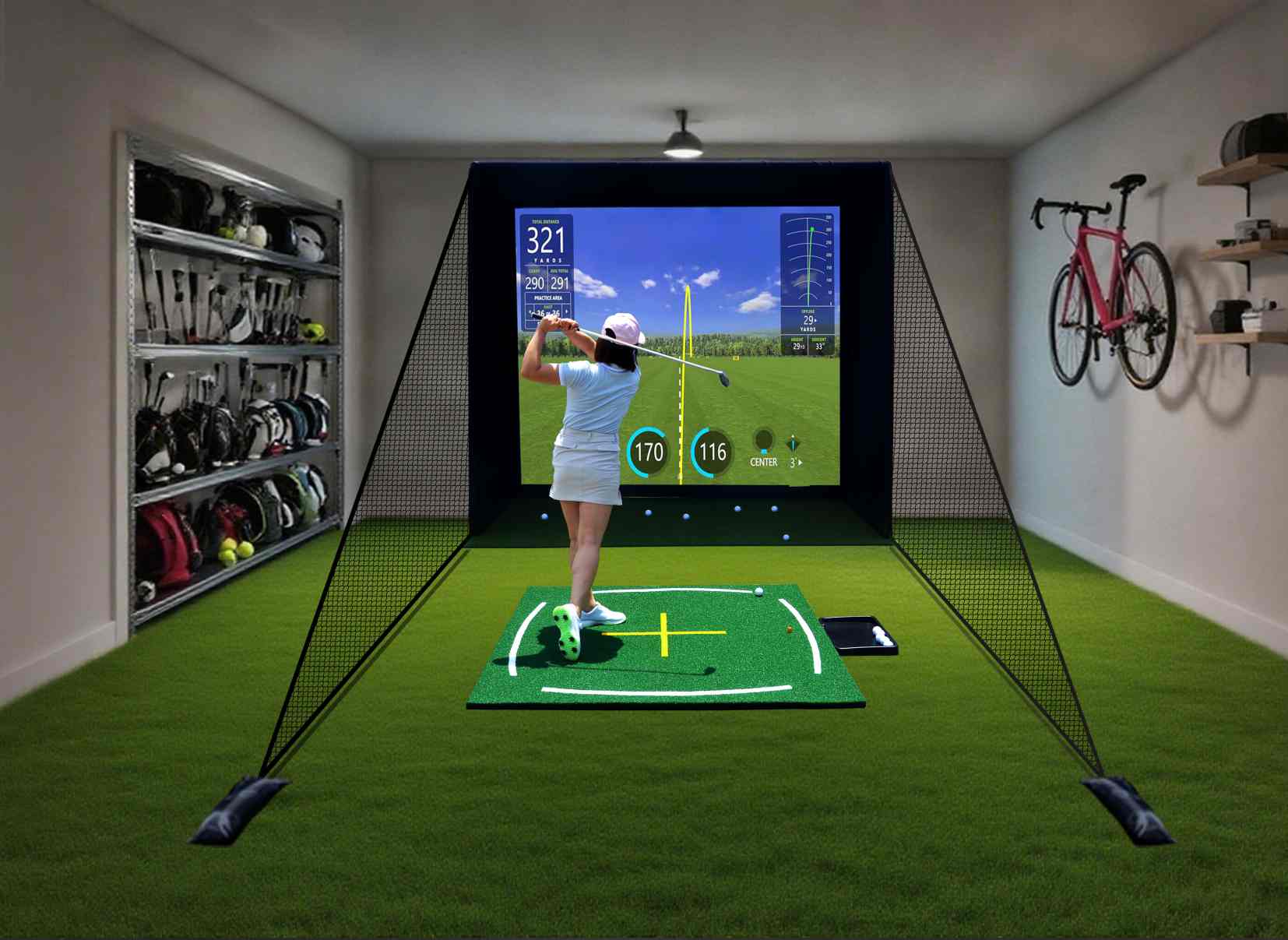 Indoor golf simulator enclosure and practice room