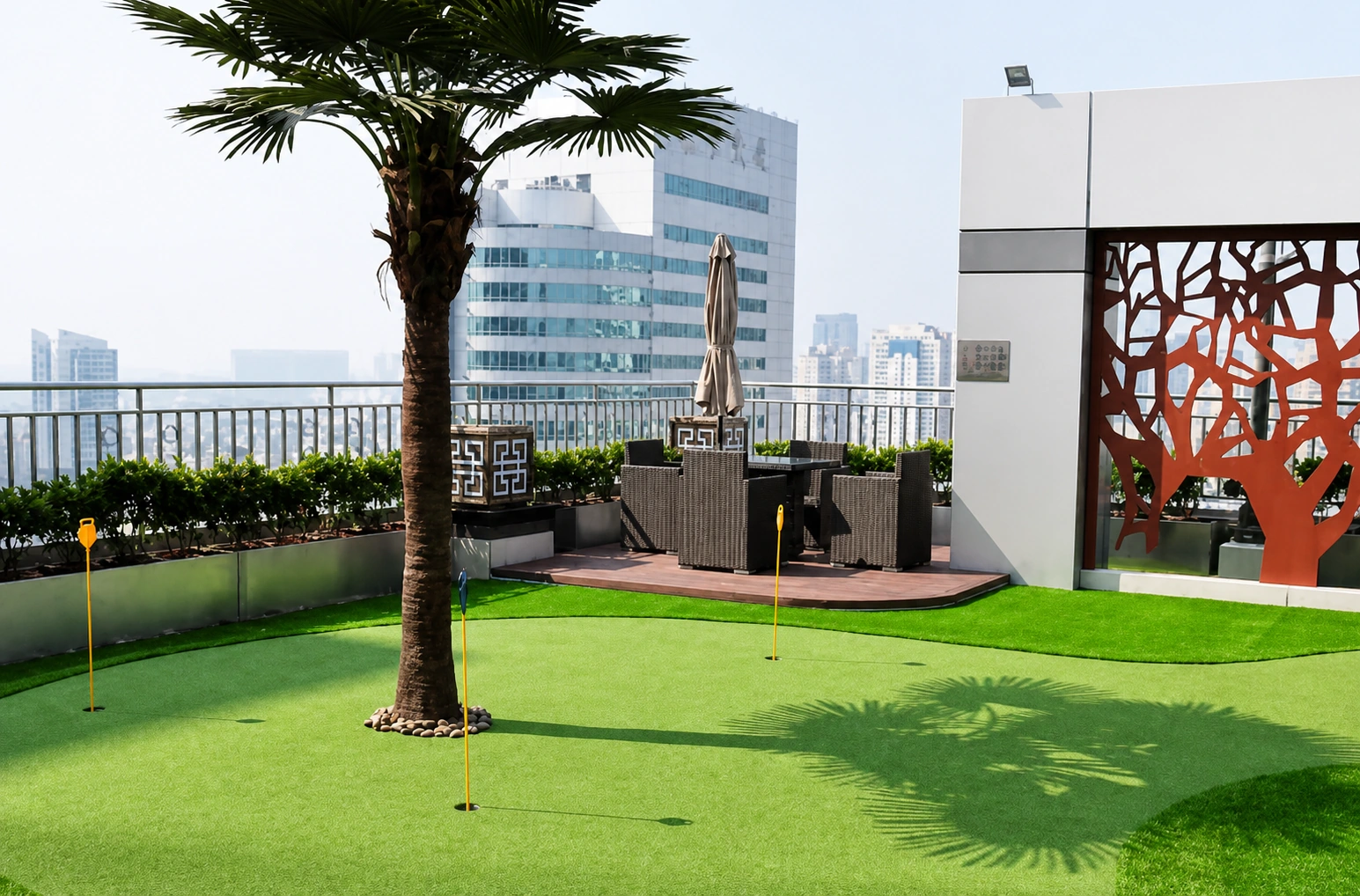Custom golf putting green installed on a terrace