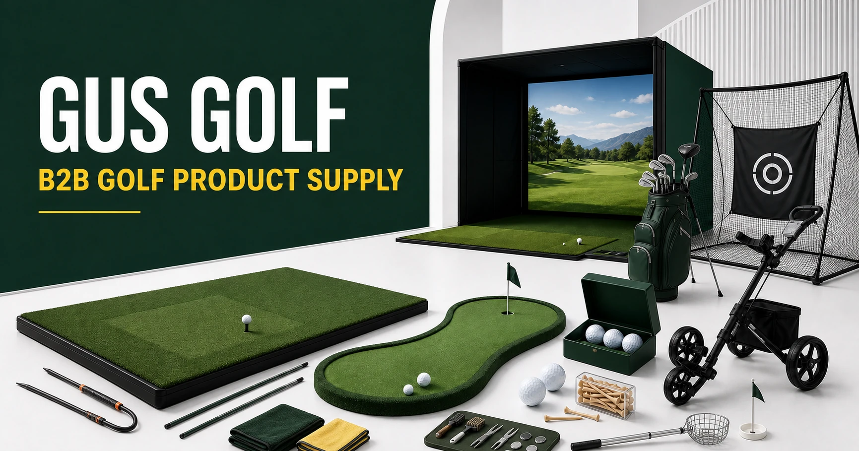 GUS Golf product range with putting green, hitting mat, simulator enclosure, practice net, clubs, trolley and golf accessories
