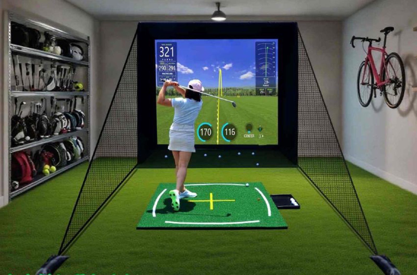 Indoor golf simulator enclosure with hitting mat and practice surface
