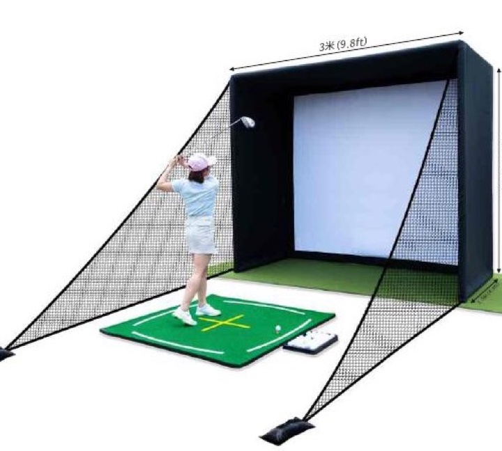 Indoor golf simulator enclosure with side safety nets
